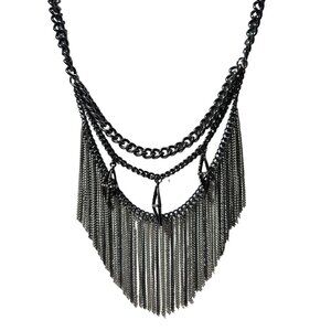 Edgy Black Silver Tone Chain Rhinestone Fringe Statement Bib Necklace Art Deco